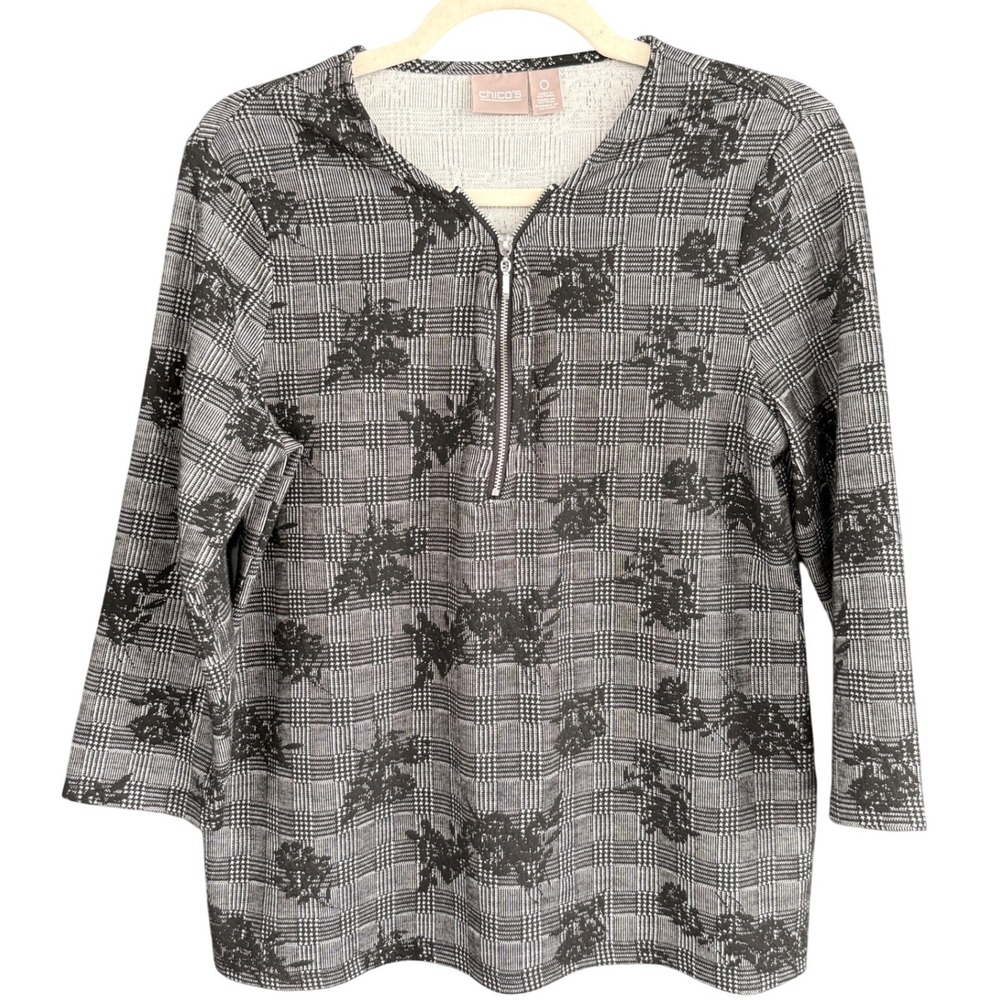 A4 Chico's Women's‎ Gray Plaid Floral Zip Up 3/4 Sleeve Knit Top Blouse Size M